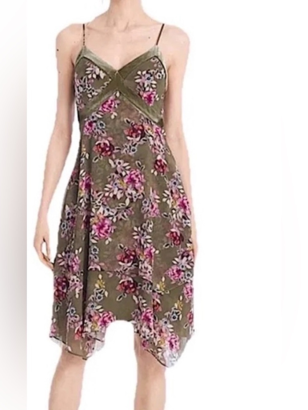 White House Black Market Green Pink Asymmetrical Floral Dress Embroidered 00 XS